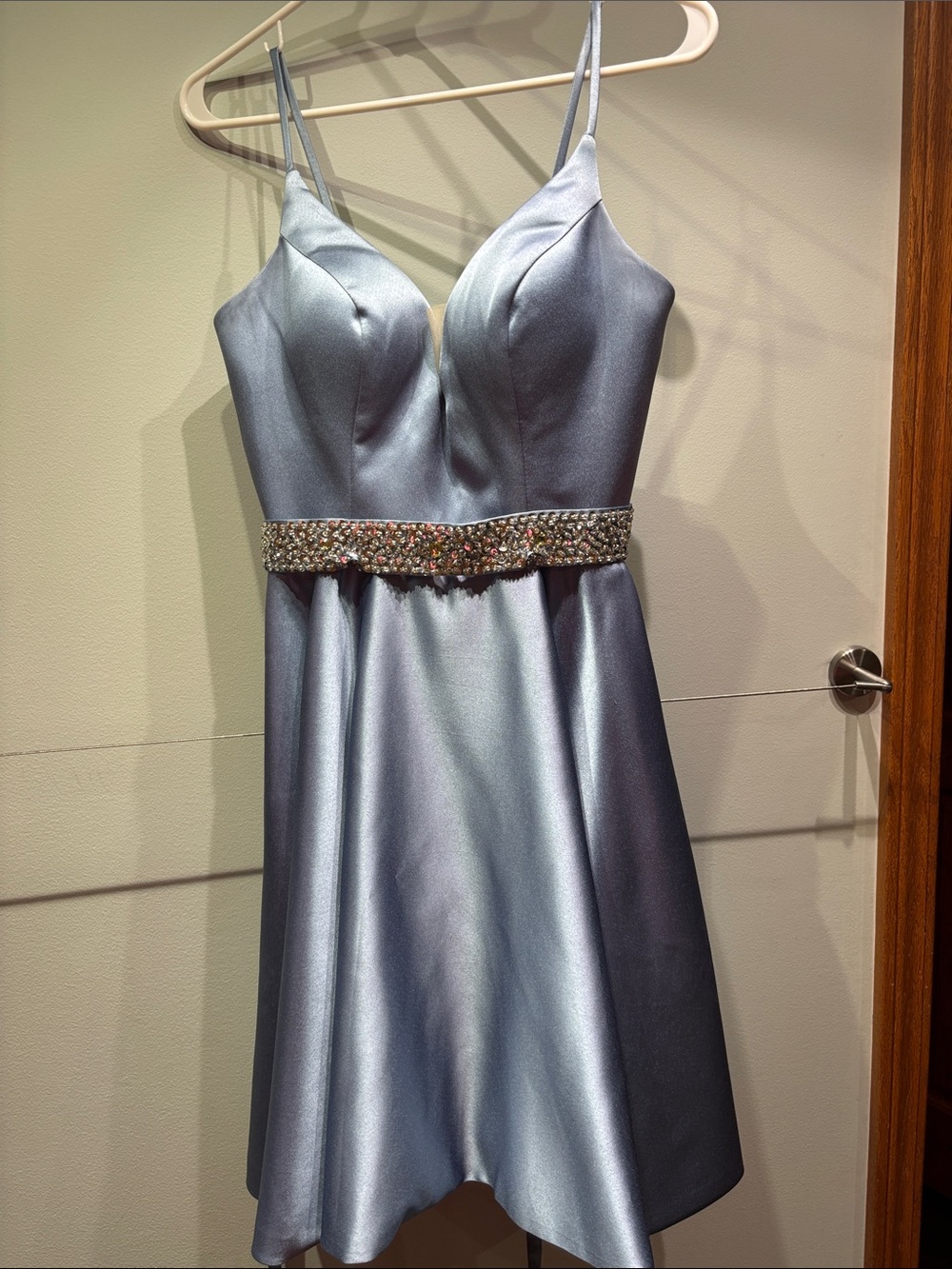 Girls Satin Party Dress with Jeweled Waist - Silver/blue